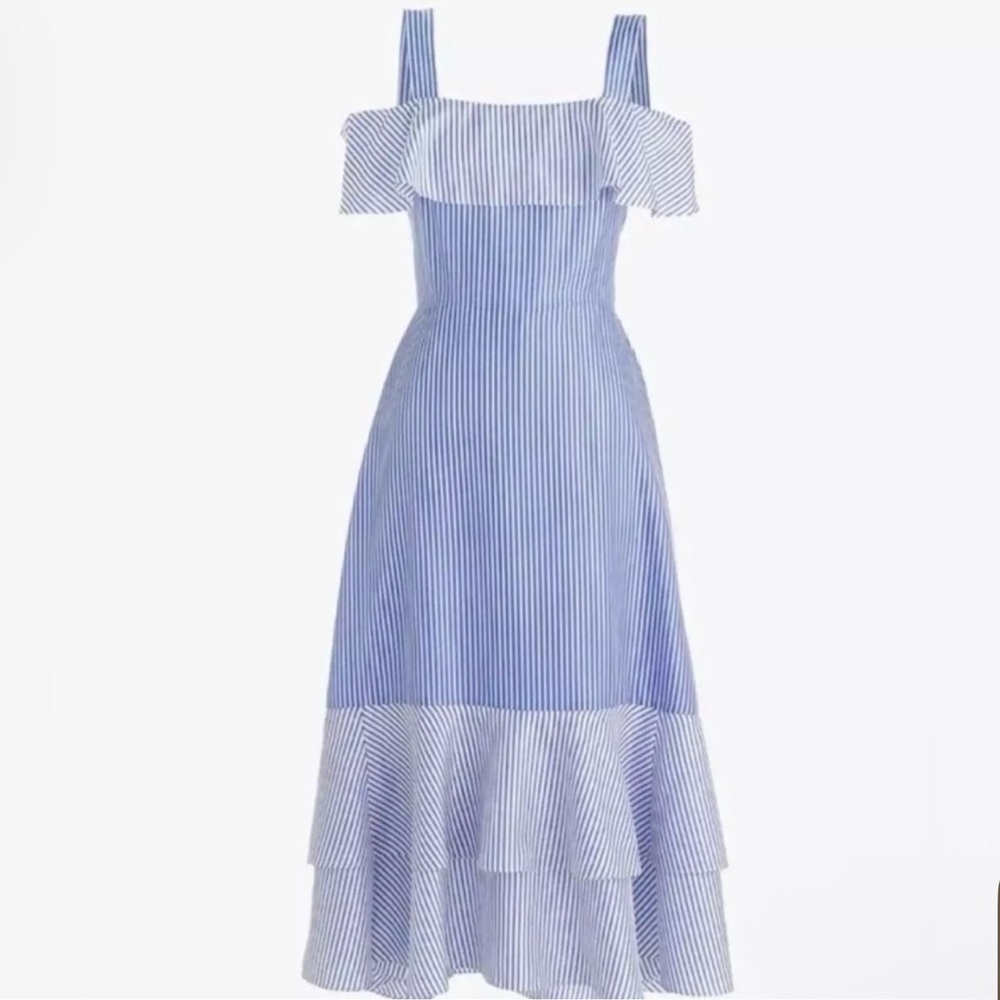NEW J. Crew Blue and White Sleeveless Midi Sundress, cold shoulder